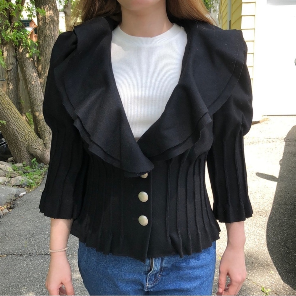 Vintage Arden B Black Wool Corset Jacket Victorian Romantic Pleated Ruffle Top